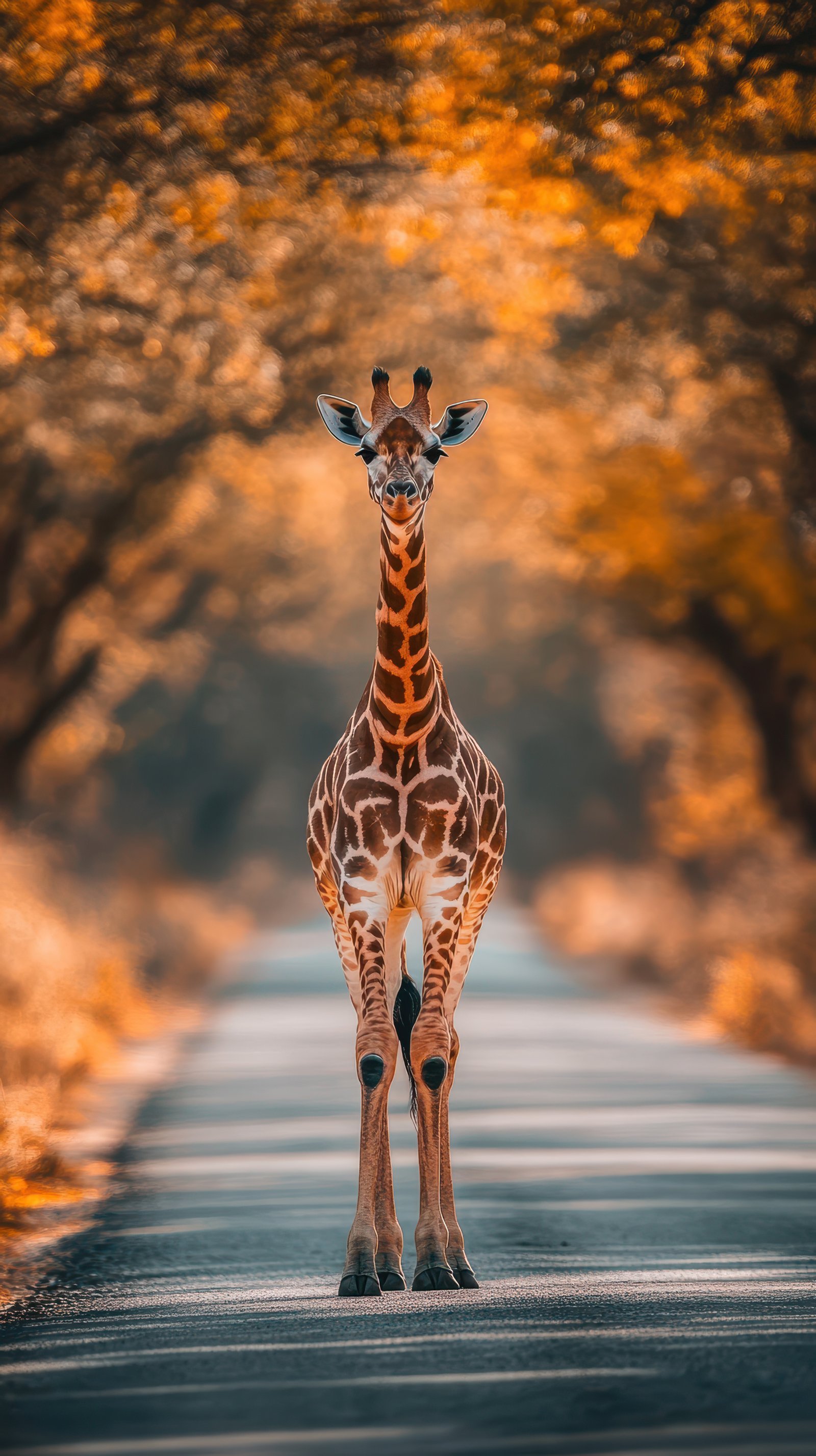Giraffe standing on a tree-lined road during golden hour in a tranquil location